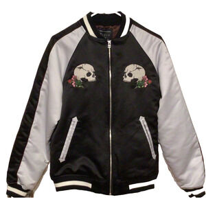 Urban Outfitters Skulls & Mushrooms Satin Bomber Jacket Graphic Print XS